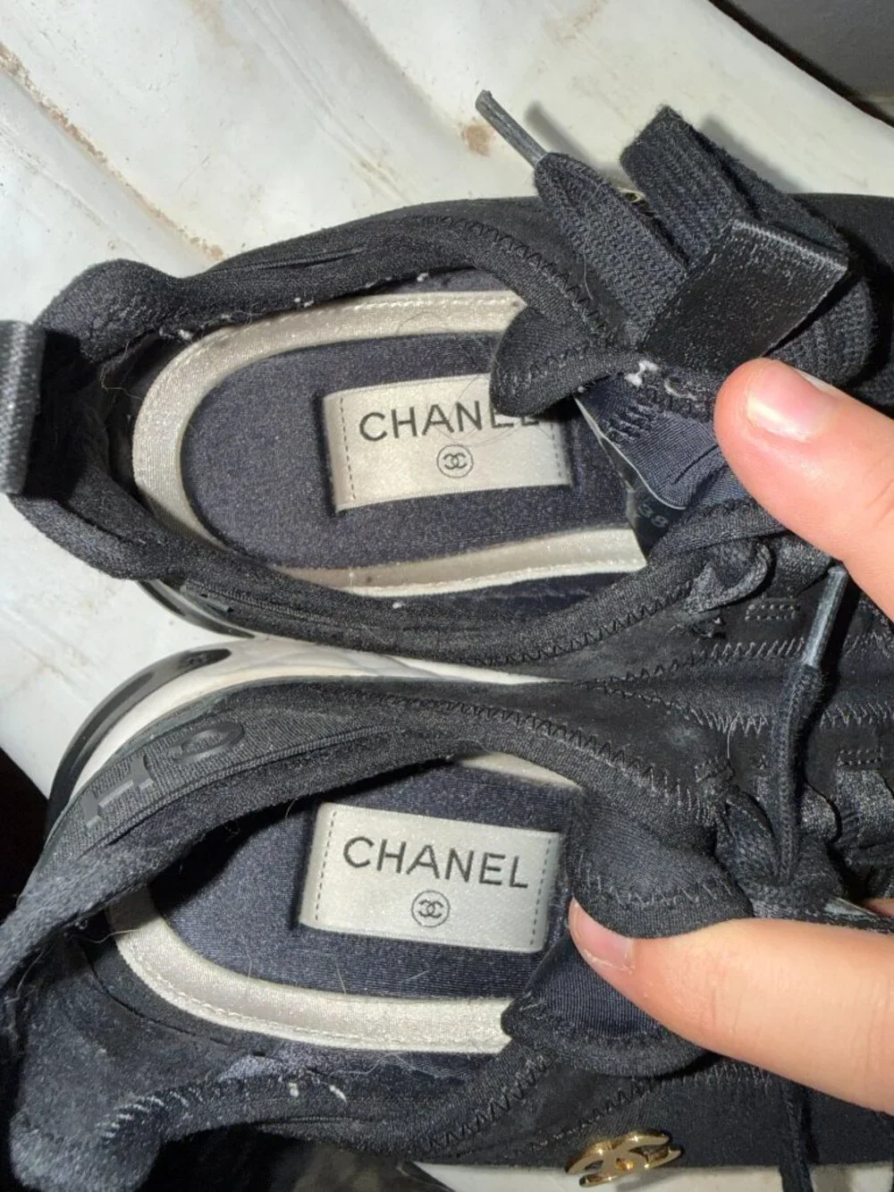 Chanel G35617 Black Gold CC Sneakers EU 38 Quilted Sole
